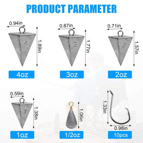 Dimensions of sinkers and hooks from Surf Fishing Tackle Kit With 12 Leader Rigs 4 Pyramid Sinkers 1 Bass Casting Sinker And 10 Circle Hooks