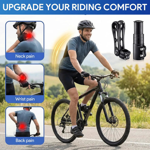 Cyclist using Adjustable Bike Stem Riser Extender For 31.8mm Handlebars And 28.6mm Forks reducing neck, wrist, back strain.