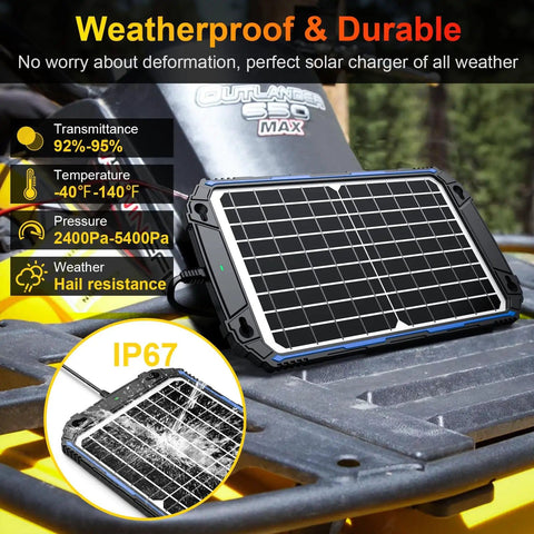 Waterproof 12W 12V Solar Battery Charger And Maintainer With UltraSmart MPPT Charge Controller on outdoor equipment