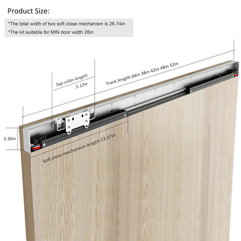 Concealed Wall Mounted Sliding Barn Door Hardware Kit With Soft Close Mechanism, No Floor Track, 42 Inch Size, Trackless Aluminum Alloy