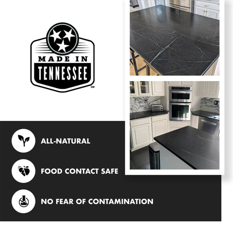 Natural Stone Sealer For Concrete Granite Marble Slate Countertop Protector on a dark stone kitchen countertop, featuring matte finish.