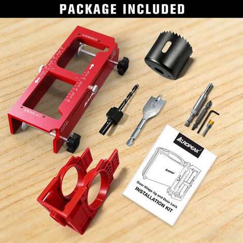 Essential Door Hinge Jig And Lock Installation Kit, heavy duty aluminum template with tools and instructions for hinge installations.