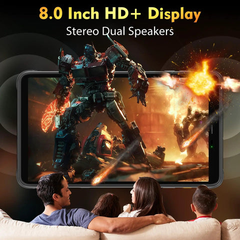 Hardcore 8 Inch Rugged Tablet Packed With Octa Core Processor And 16GB RAM And 128GB Storage Featuring 48MP Camera System And Massive 7650mAh Battery Built Rock Solid To Handle Any Grind With IP69K Waterproofing And Android 13 showing 8.0 inch HD+ display with stereo dual speakers.