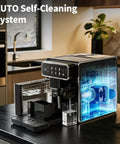 Fully Automatic Espresso Machine With Built In Adjustable Grinder And Auto Milk Frother Seven One Touch Brew Presets showing self-cleaning system.