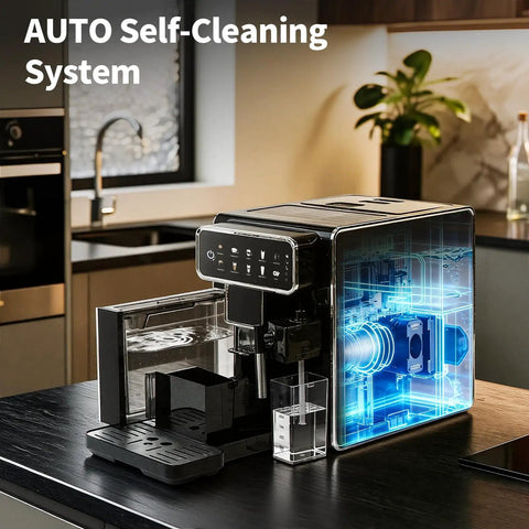 Fully Automatic Espresso Machine With Built In Adjustable Grinder And Auto Milk Frother Seven One Touch Brew Presets showing self-cleaning system.