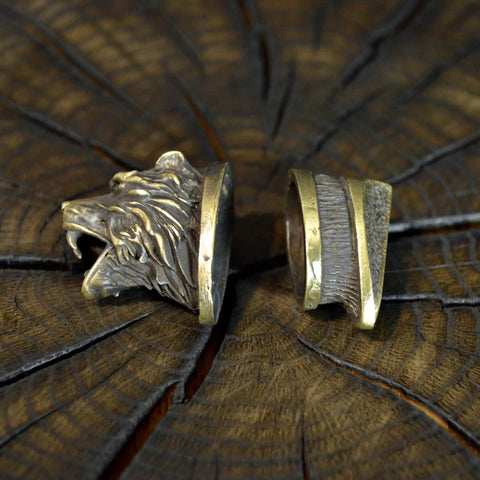 Finger Guard Knife Making Kit With Bolster And Pommel Set For Custom Blades Hand Cast Bronze Bear details on wood surface