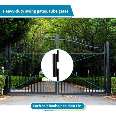 Skelang 8in heavy-duty gate hinges, front view with black barrel weld-on hinge; swing gates, 5000 lb per pair