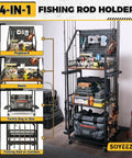Garage Fishing Rod Holder System With Pegboard Hooks, Holds Up To 12 Rods, Rolling Tackle Cart With Wheels, 3-Tier Gear Storage