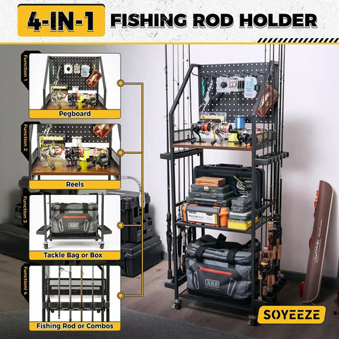 peg board fishing rod holder Garage Fishing Rod Holder System With Pegboard Hooks, Holds Up To 12 Rods,  Rolling Tackle Cart With Wheels, 3-Tier Gear Storage For Tackle Boxes And
