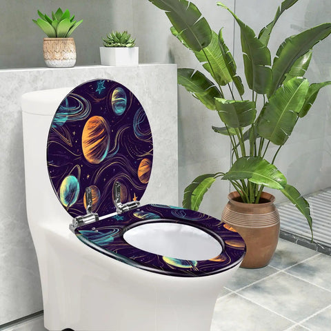 Toilet Seat with Decorative Cover for Bathroom featuring a colorful space theme, adjustable size fits standard toilets.