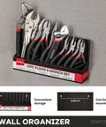 Essential 10 Piece Pliers And Wrench Set With Storage Rack Includes Locking Long Nose Pliers Diagonal Cutters Groove Joint Pliers Linesman And Mini Pliers Carbon Steel Tool Kit For DIY And Home Use Handyman Gift For Him displayed in black rack, wall mounted