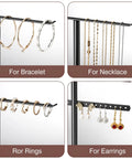 Black Jewelry Stand Organizer 14.5 Inch Tiered Display Tower with 3 Tiers and 4 Bars showing necklace, bracelet, ring, earring slots