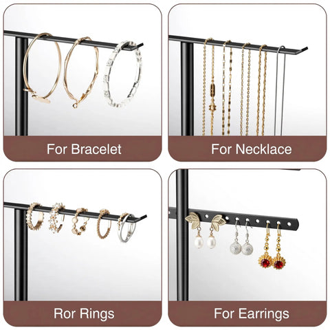 Black Jewelry Stand Organizer 14.5 Inch Tiered Display Tower with 3 Tiers and 4 Bars showing necklace, bracelet, ring, earring slots