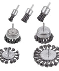 7 Piece Twist Knot Wire Brush Set for Drill displays knotted cup, wheel, and pen brushes in 1/4 inch shank configuration.