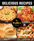 Collage of delicious recipes: pie, pasta, bread, and pizza with text 'Walfos Rolling Pin' in the center.