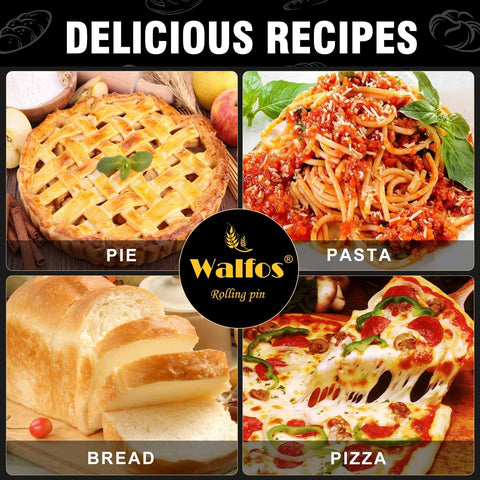 Collage of delicious recipes: pie, pasta, bread, and pizza with text 'Walfos Rolling Pin' in the center.