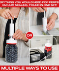 Mason Jar Vacuum Sealer Accessory Set With Cordless Hand Pump for Regular and Wide Mouth Jars in use on jars and bags.