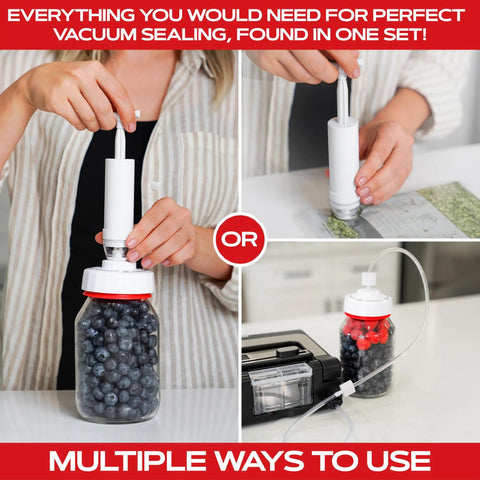 Mason Jar Vacuum Sealer Accessory Set With Cordless Hand Pump for Regular and Wide Mouth Jars in use on jars and bags.