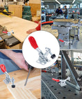 Heavy Duty 4 Pack Quick Release Toggle Clamps for Woodworking and Welding Projects in various workshop settings, showcasing grip and adjustments.