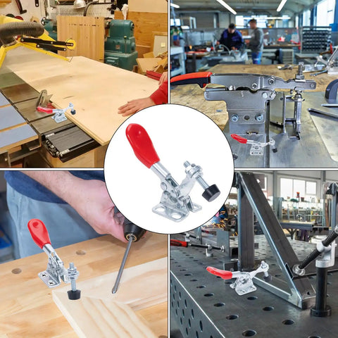 Heavy Duty 4 Pack Quick Release Toggle Clamps for Woodworking and Welding Projects in various workshop settings, showcasing grip and adjustments.