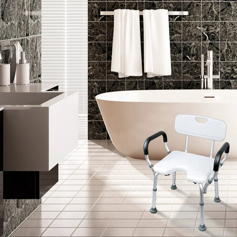 Tool Free Assembly Shower Chair For Tub No Tools Needed With Adjustable Height From 15 To 20 Inches In 1 Inch Steps Portable Bath Seat In White With Arms Lightweight Anodized Aluminum Frame Supports Up To 250lbs in a modern bathroom