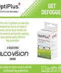 Front view of OptiPlus Anti-Fog Lens Wipes box, 30 count, white/green packaging with glasses icon; Hilco Vision brand.