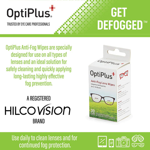 Front view of OptiPlus Anti-Fog Lens Wipes box, 30 count, white/green packaging with glasses icon; Hilco Vision brand.