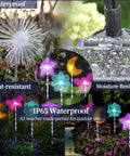 Solar Garden Stake Lights 4 Pack With RGB Color Changing LEDs For Pathways And Outdoor Living, showcasing waterproof and heat-resistant features.