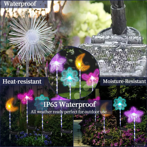 Solar Garden Stake Lights 4 Pack With RGB Color Changing LEDs For Pathways And Outdoor Living, showcasing waterproof and heat-resistant features.