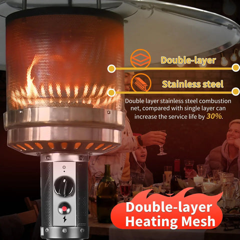 50,000 BTU Outdoor Propane Patio Heater With Wheels, Durable Powder Coated Steel, Quick Ignition And Safety Shutoff, showing double-layer mesh