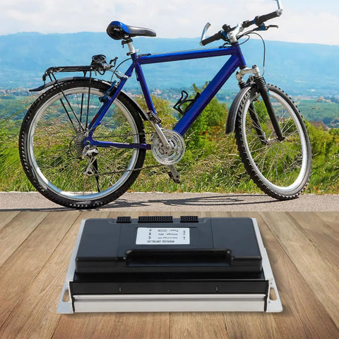Heavy Duty 60V Brushless Motor Controller For Electric Scooters And Ebikes 3000W Power Upgrade Replacement Control Board shown beside a blue mountain bike.