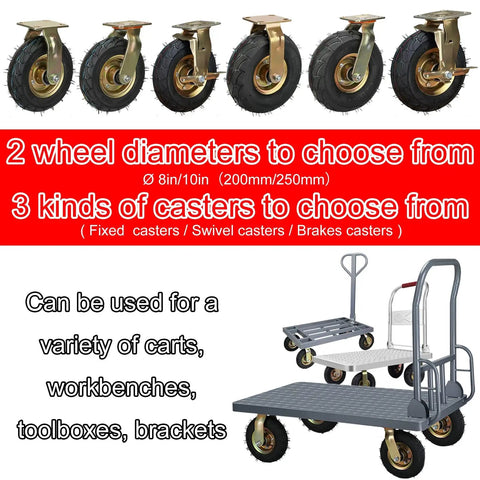Pro Grade Heavy Duty Industrial Casters With Thick Pneumatic Rubber Tires Available In 8 Inch Or 10 Inch Swivel Brake Caster Pack, showcasing fixed and swivel options.