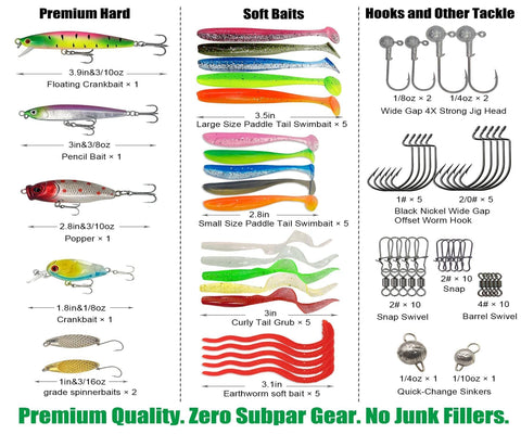 Starter Bass Fishing Tackle Kit For Kids And Beginners With 75 Pieces No Junk Fillers Lures Including Crankbaits Jigs And Soft Worms Safe Portable Freshwater Gear Great Gift For Young Anglers displayed.