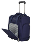 Underseat Carry On Luggage With USB And USB C Ports, 16 Inch Compact Travel Case in Blue Depths, front view with open pocket