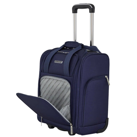 Underseat Carry On Luggage With USB And USB C Ports, 16 Inch Compact Travel Case in Blue Depths, front view with open pocket