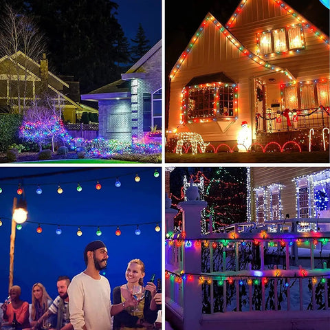 Solar Outdoor String Lights With 60 LED Crystal Globe Bulbs 8 Modes 26ft Waterproof Fairy Lights For Garden Patio Yard Home Festival Party Wedding Multi Colored And Energy Saving illuminating houses and a patio with vibrant colors.