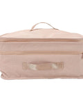 Heavy Duty Mesh Travel Dresser, Large Capacity Hanging Closet Organizer With Separate Pockets, Foldable Garment Rack in beige fabric.
