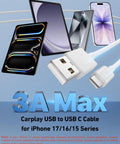 Front view of two white USB-A to USB-C CarPlay cables, 3 ft, designed for iPhone 17/16/15 series and USB-C devices