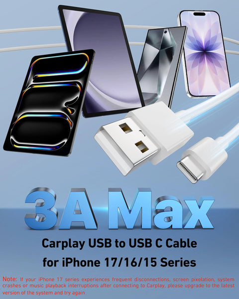 Front view of two white USB-A to USB-C CarPlay cables, 3 ft, designed for iPhone 17/16/15 series and USB-C devices