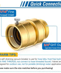 Self Draining Vacuum Breaker Anti Siphon Valve For Garden Hose Faucet With Washers And Sealing Tape Backflow Preventer For Outdoor Spigot Fine Thread Inlet One And One Sixteenth Inch Outlet Three Quarter Inch Male Hose Thread Replacement For PK1380, brass construction