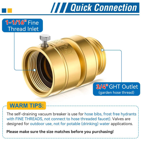 Self Draining Vacuum Breaker Anti Siphon Valve For Garden Hose Faucet With Washers And Sealing Tape Backflow Preventer For Outdoor Spigot Fine Thread Inlet One And One Sixteenth Inch Outlet Three Quarter Inch Male Hose Thread Replacement For PK1380, brass construction