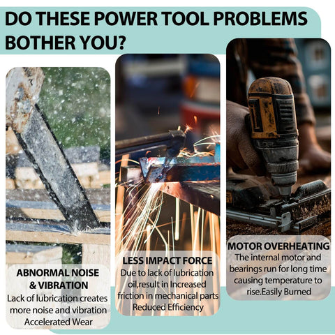 Image highlighting power tool issues like noise, vibration, impact force loss, and overheating without high temperature lubricating grease.