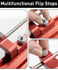Close-up of red flip stops on Track Saw Parallel Guide System for Woodworking Pro Grade Top Notch Repeatable Rip Cuts.