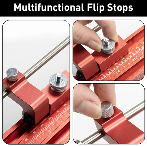 Close-up of red flip stops on Track Saw Parallel Guide System for Woodworking Pro Grade Top Notch Repeatable Rip Cuts.