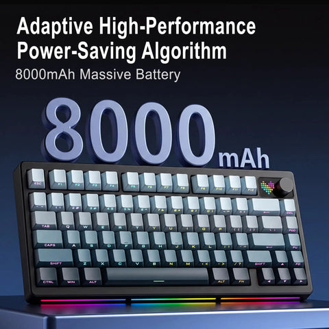 Hella Creamy 75 Percent Layout Wireless Mechanical Keyboard With Hot Swappable Switches And Premium Pbt Keycaps For Sick Gaming Sessions Featuring Dot Matrix Display And Sturdy Aluminum Volume Dial That Hits Just Right, showcasing keys and 8000mAh battery.