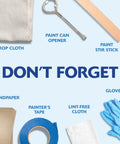 Painter's Touch Latex Paint accessories including drop cloth, stir stick, gloves, sandpaper, tape, cloth, and can opener.
