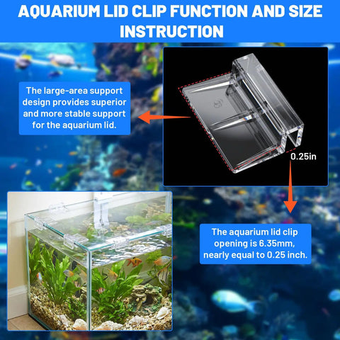 Lock Down 8 Pack Clear Acrylic Aquarium Lid Clips Rock Steady Fish Tank Cover Holders Heavy Duty Support Clamps For Rimless Glass Tanks Easy Setup And Top Shelf Gear showing size and support features.
