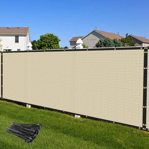 Privacy Fence Screen 4 Ft By 50 Ft Heavy Duty Windscreen Cover Mesh For Outdoor Garden Patio Beige 175GSM installed in backyard