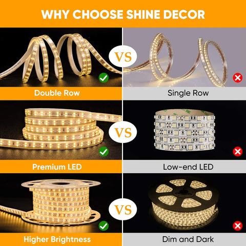 Comparison of 82Ft Dimmable LED Rope Lights With Double Row Lit Warm White vs single row, premium vs low-end, bright vs dim LED lights