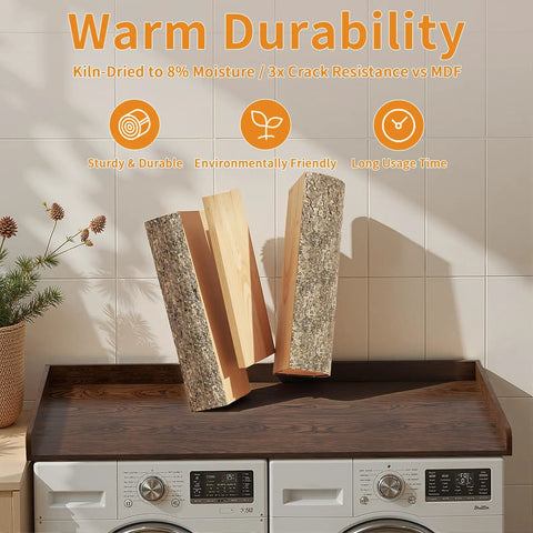 54 Inch By 27.5 Inch Wood Laundry Countertop Topper For Washer And Dryer, Sturdy Pine Wood With 2.75 Inch Edge Guard featured over appliances